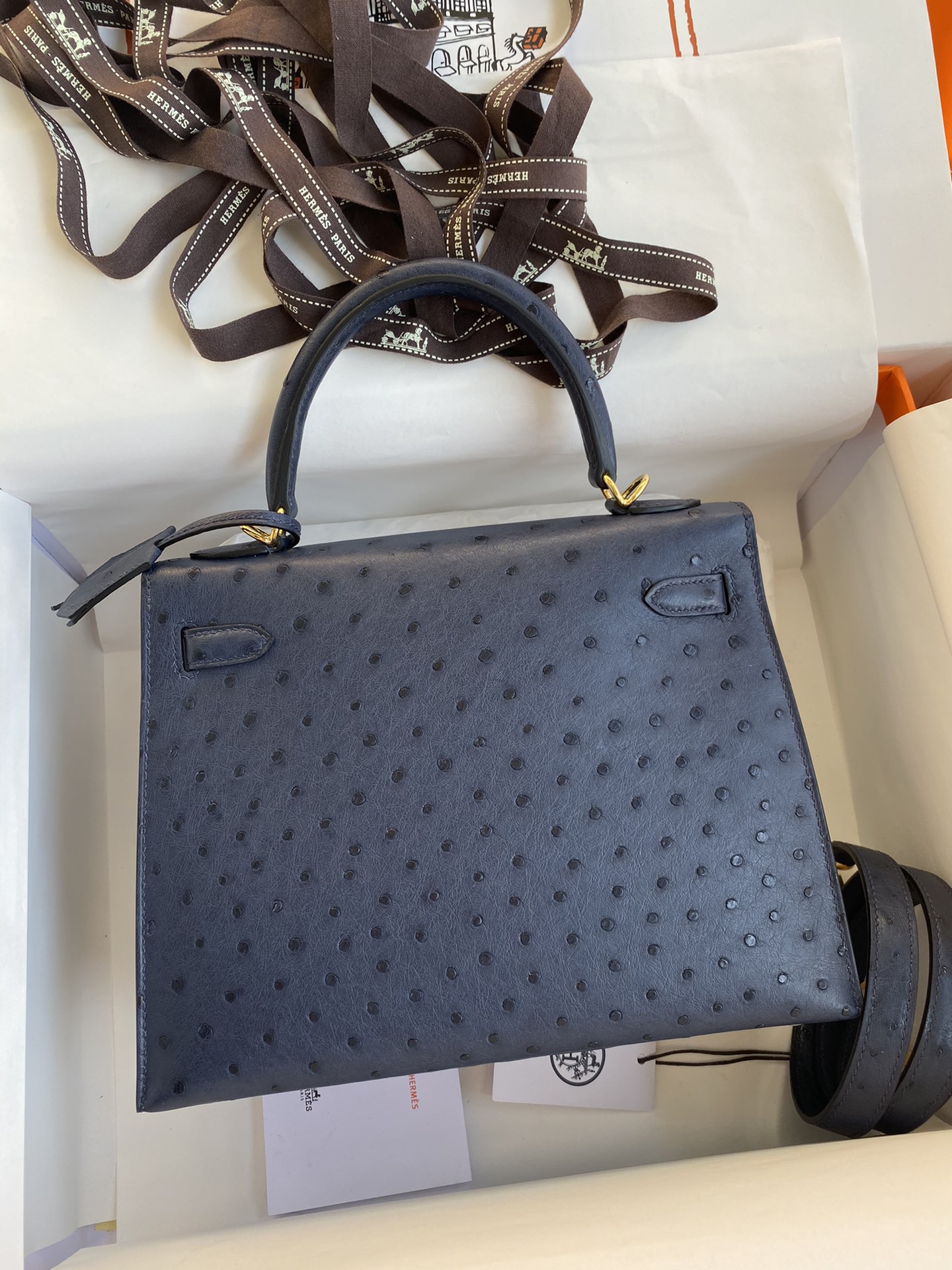 Hermes Kelly 25cm Handbag Shoulder Bag in Blue Nuit Ostrich Leather